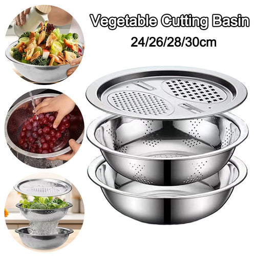 3Pcs/Set 3-In-1 Drain Wash Vegetables Basin with Strainer Sink Bowl Large Capacity Rice Wash Basin with Grater Cover