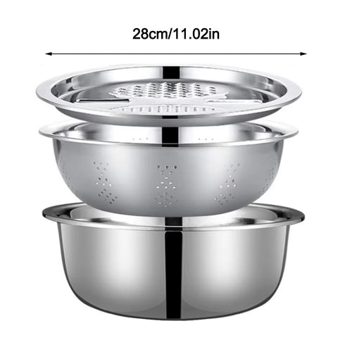 3Pcs/Set 3-In-1 Drain Wash Vegetables Basin with Strainer Sink Bowl Large Capacity Rice Wash Basin with Grater Cover